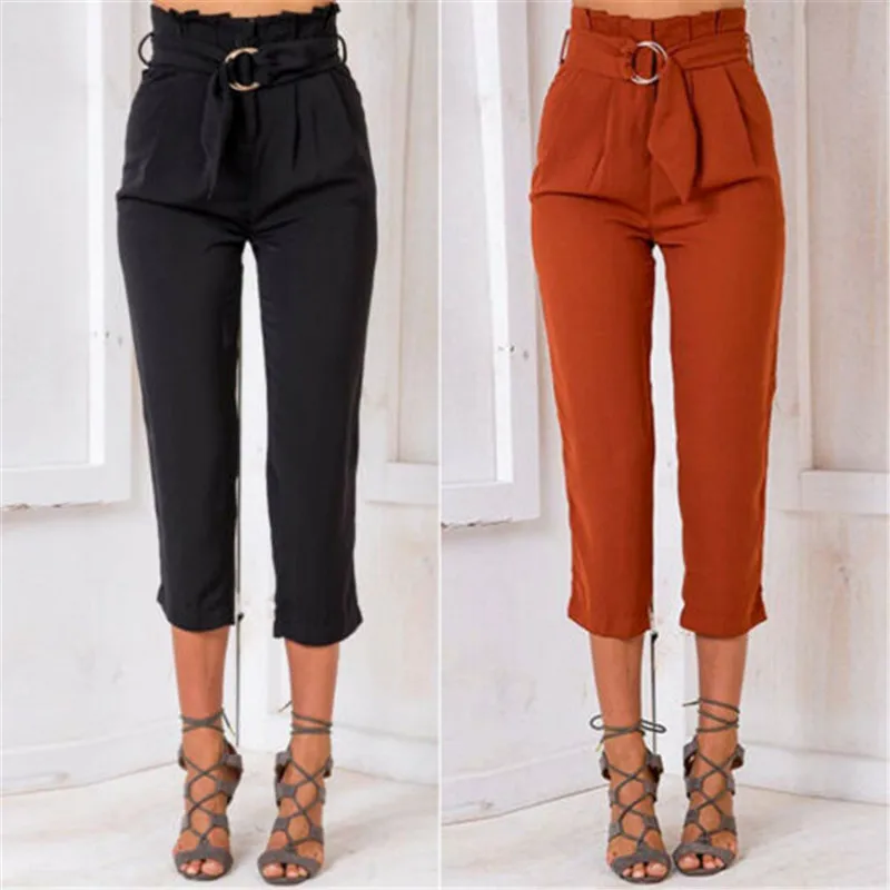 

Women's High Waist Trousers 2019 Summer Casual Drawstring Elastic Waist Baggy Pants Ladies Solid Color Pencil Trousers With Belt