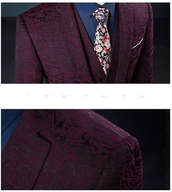 High Quality Burgundy with Darkstripe Wedding Suits Groom Wear Tuxedos Groomsmen Best Man (Jacket+Pants+vest) Business Suit