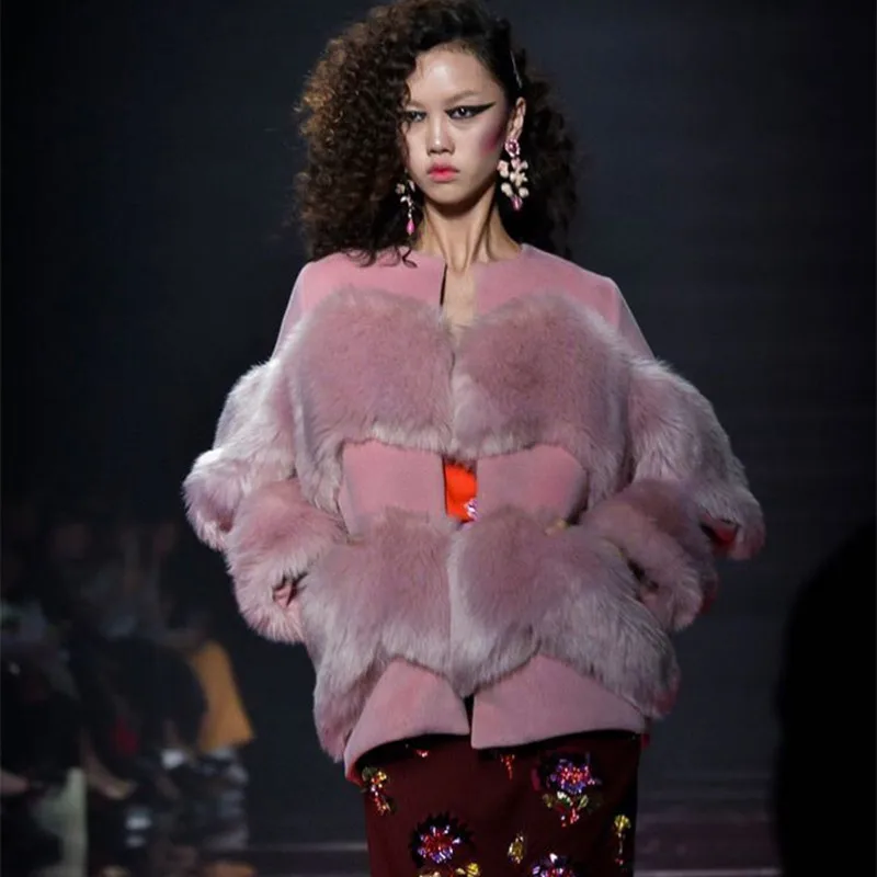 Pink WOmen's Faux Fur Coat 2018 Runway Fake Fur patchwork Wool Coat Short Winter Jacket Women outwear manteau fourrure femme