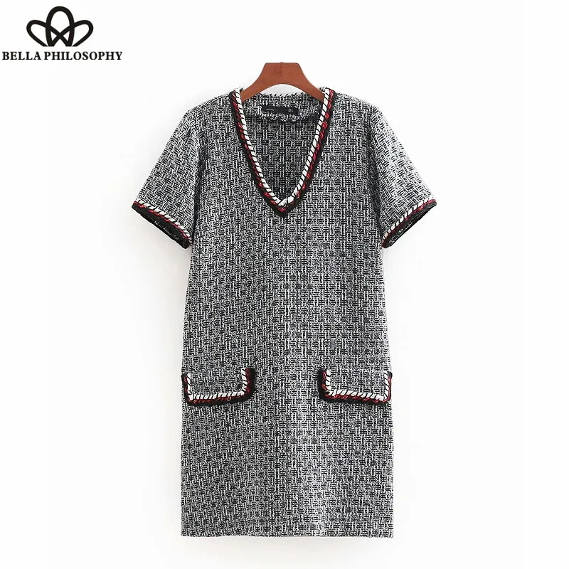 Wonder 2018 new autumn vintage v neck ribbon decoration tweed woolen straight mini dress elegant chic vestidos casual slim dress
