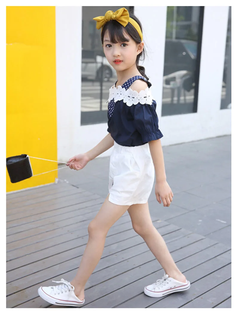 summer girls clothing sets children off-the-shoulder lace shorts pant two-piece girls clothing suit (10)