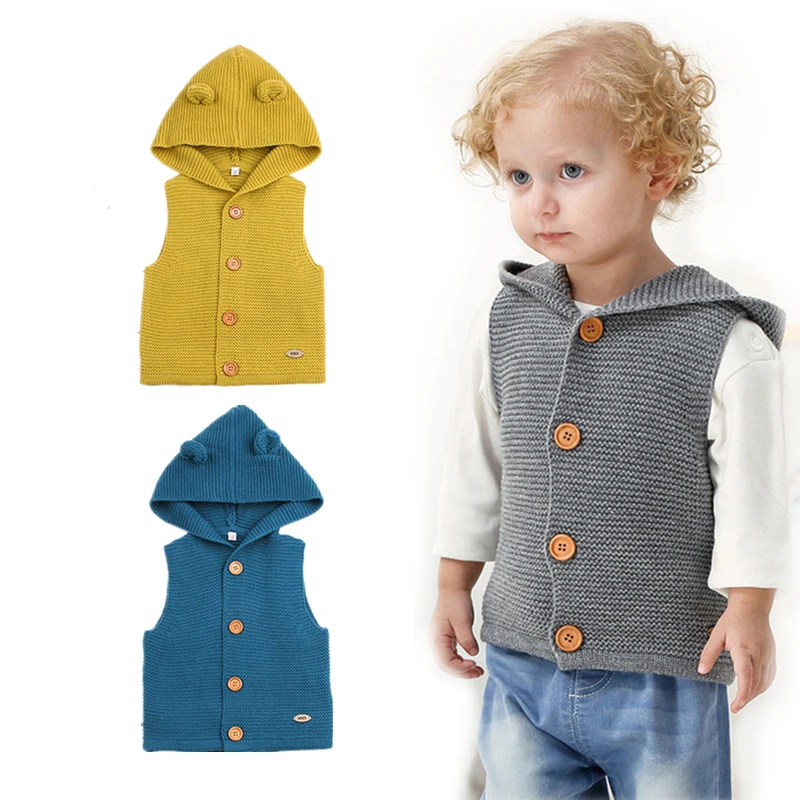 Хлопок для маленьких мальчиков с капюшоном жилет для мальчиков вязаный свитер одноцветное новорожденных куртка без рукавов детская одежда осень Верхняя детская одежда