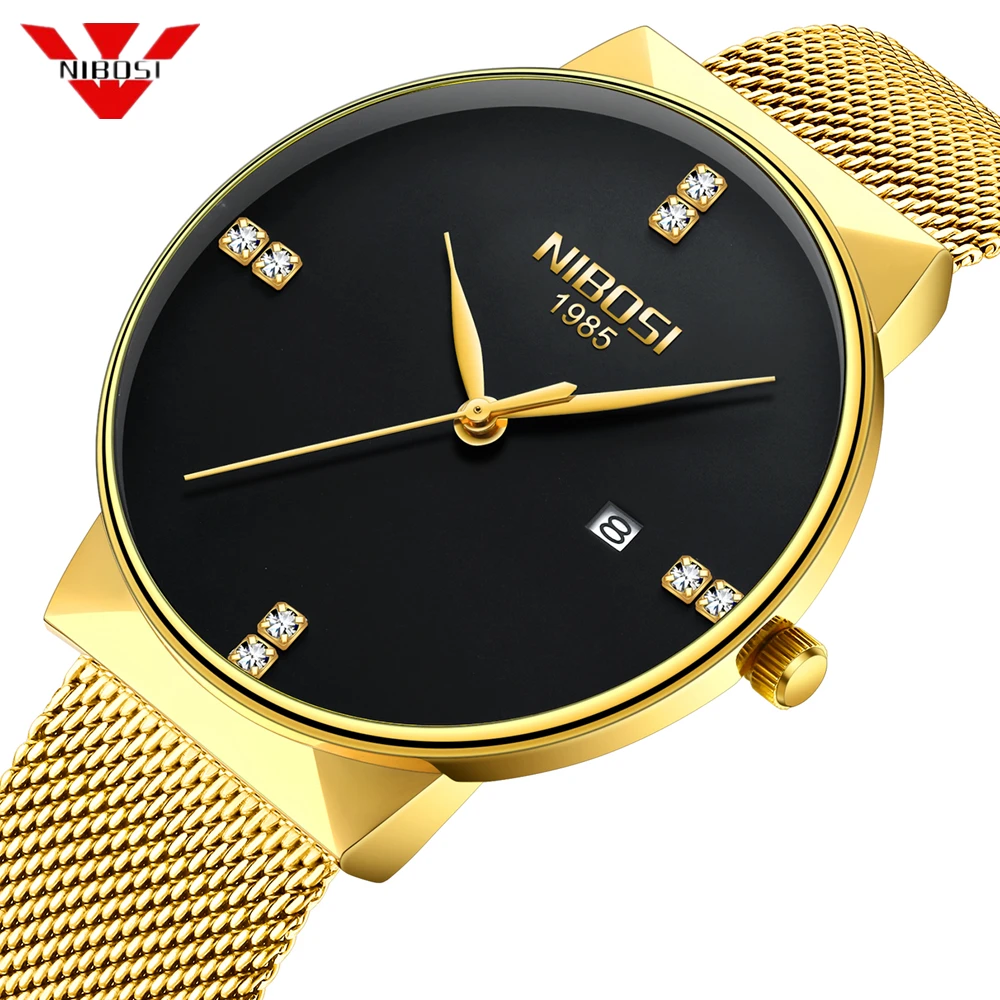 Skup Relogio NIBOSI mężczyźni zegarki wodoodporna data zegarek na rękę mężczyzna siateczkowy pasek na co dzień złoty zegarek kwarcowy zegar mężczyźni Relogio Masculino