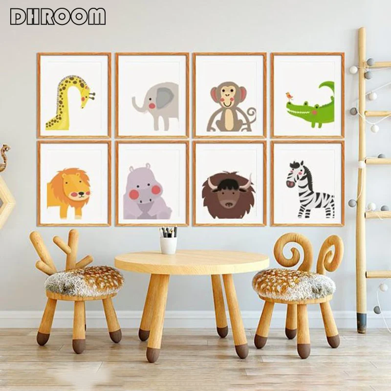 

Nursery Wall Print Safari Animal Posters and Prints Cartoon Lion Monkey Canvas Painting Wall Pictures for Kids Room Decoration