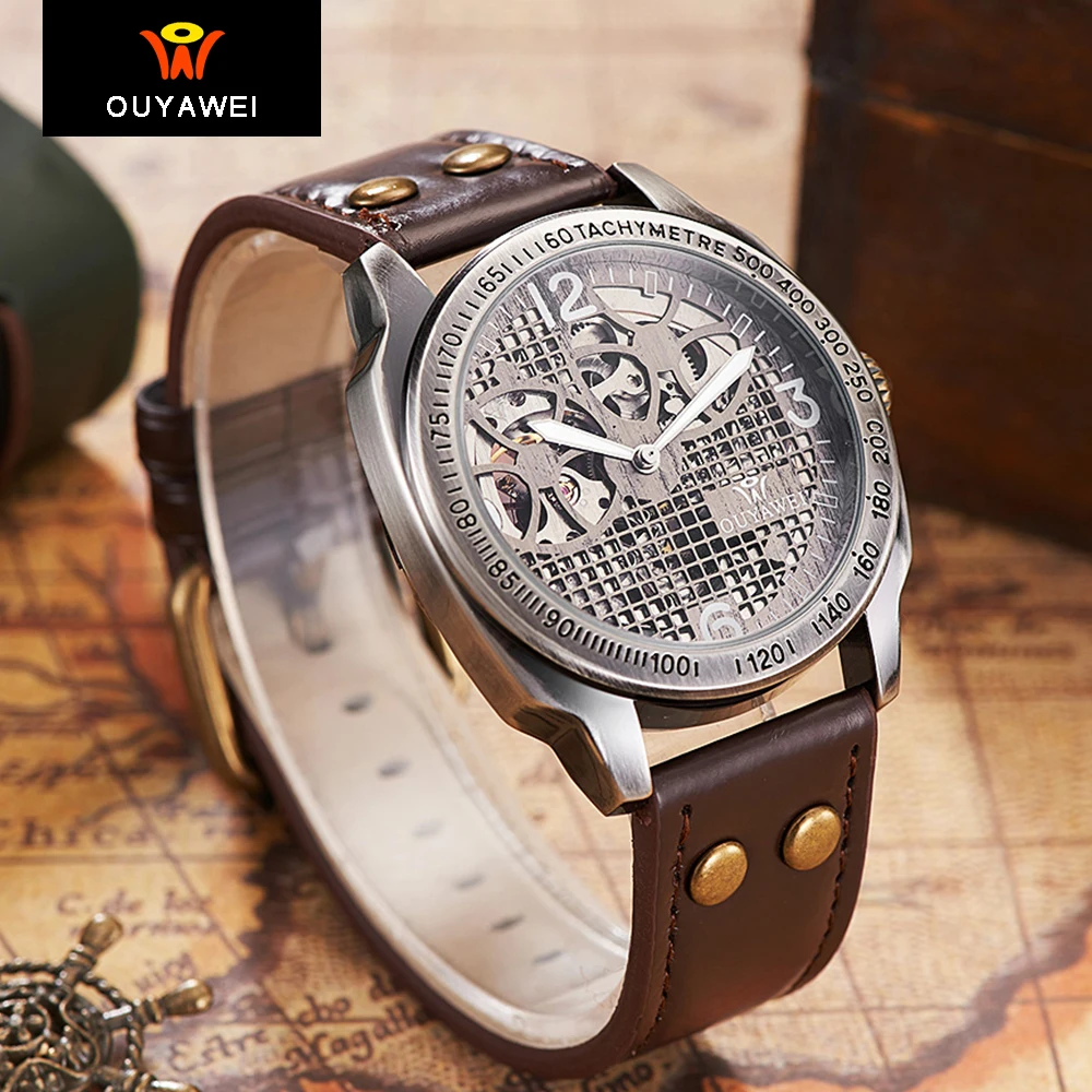 Ouyawei steampunk الهيكل العظمي المعصم ووتش رجال خمر ريترو جلدية دروبشيبينغ الساعات الأوتوماتيكية مع مربع الأصلي