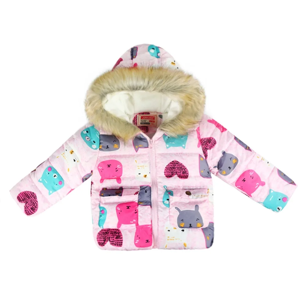 

Kids Winter Cartoon Cats pattern Outerwear Baby Girls Zipper Jackets Funny Cotton-padded Clothes Child Fur hooded Princess Tops
