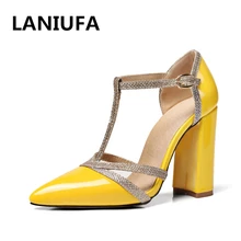 high quality Sexy women High Heels Shoes Women Platform Pointed Toe PU Leather T-tied Square heel Wedding dress Pumps Shoes #699 sexy high heel shoes gladiator women platform pumps pointed toe heels wedding shoes stiletto19cm leather women party shoes 44 47