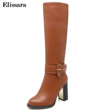Elissara/женские зимние сапоги; женские сапоги до колена на высоком каблуке; модная обувь на молнии с тонкими ножками размера плюс 33-43