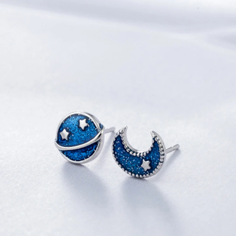 Qevila New Fashion Plated 925 Silver Moon Star Stud Earring Van Gogh Starry Sky Enamel Unique Earring For Women Romantic Jewelry (6)