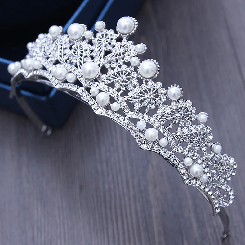  Vintage Baroque Silver Crystal Tiara Rhinestone Hair Ornaments Bridal Head Jewelry Princess Pearl W