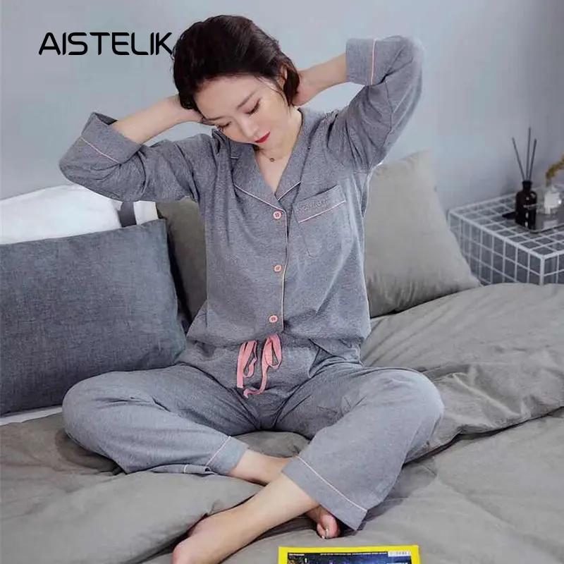 

Autumn and winter new ladies pajamas cotton embroidery comfortable cardigan two-piece home service European and American pajamas