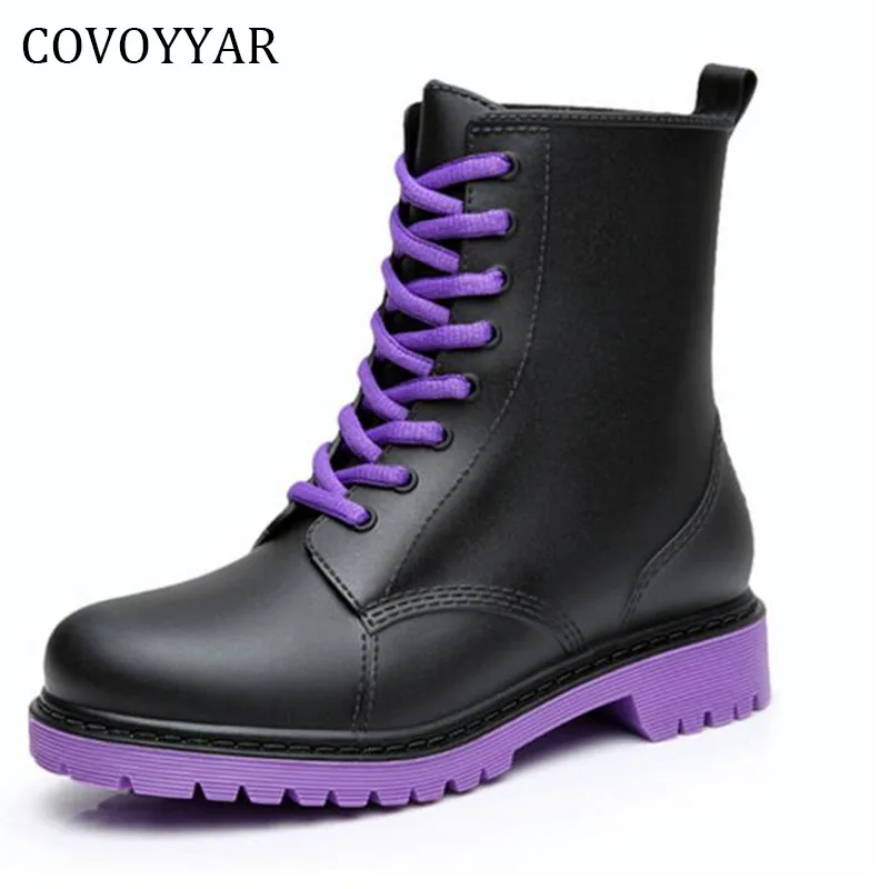 

COVOYYAR 2023 Fashion Waterproof Rain Boots Spring Ankle Boots Woman Low Thick Heel Lace Up Rainy Women Shoes Size 41 WBS260