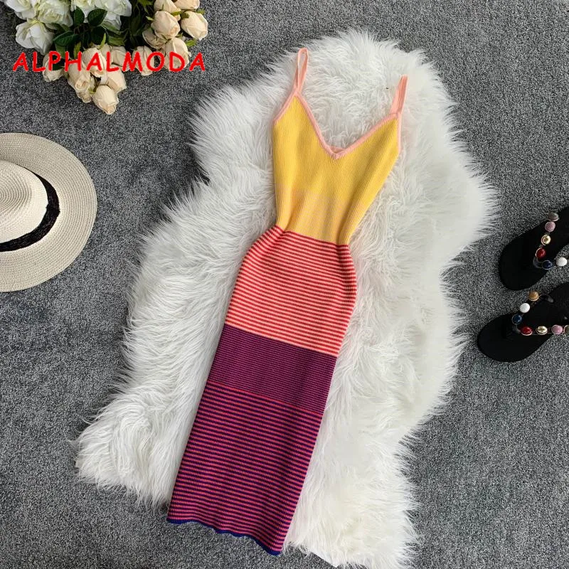 

ALPHALMODA Rainbow Striped Colorful Sunshine Knit Dress Sexy V-collar Sleeveless Stretchy Fitness Step Vestidos Holiday Clothes