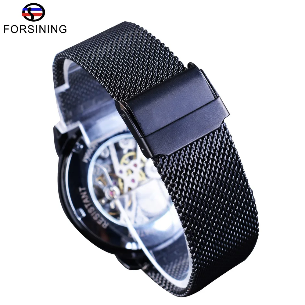 Black Stainless Steel Street Series Open Work Skeleton Mens Mechanical Wrist Watch for Forsining