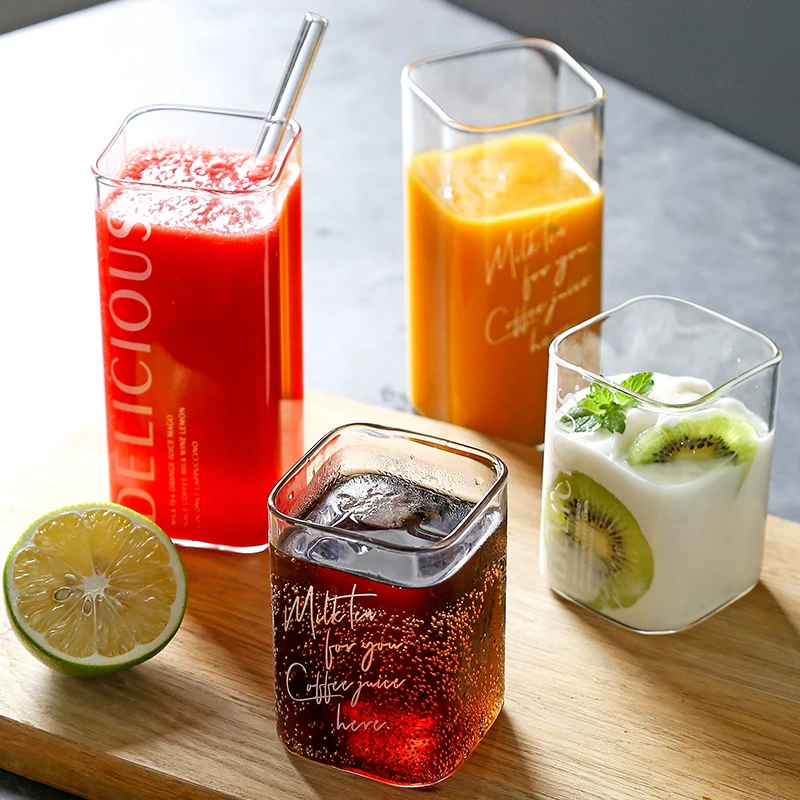 

Square Glass Simple Home Coffee Creative Cold Drink Milk Tea Transparent Cup Milk Bottle Water Bottle Cute Square Water Bottle