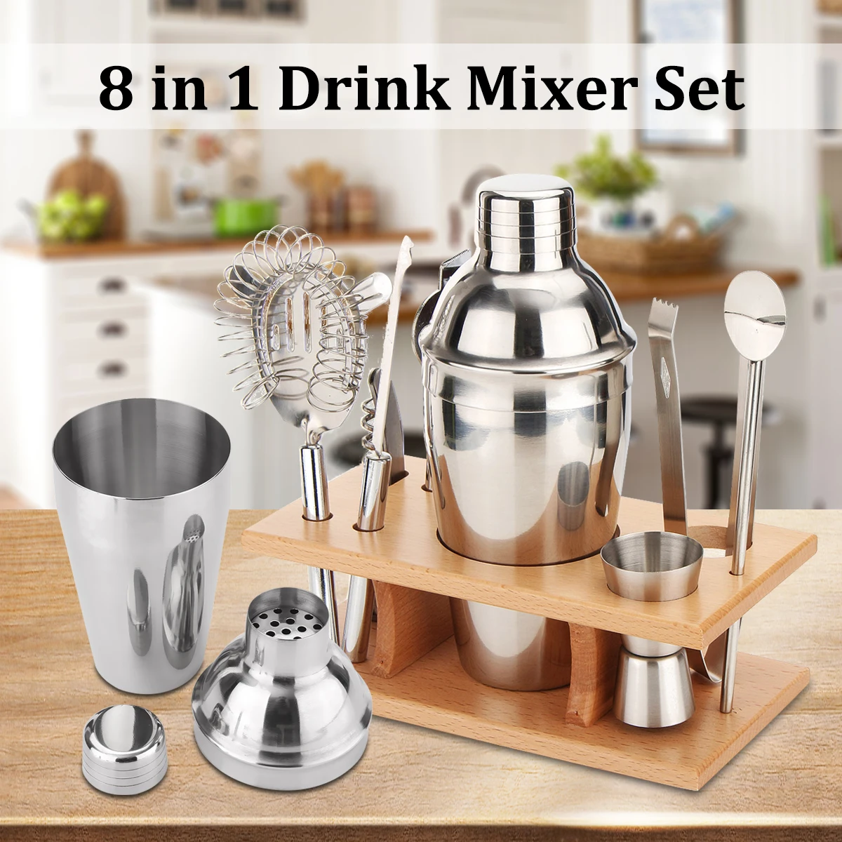 

Stainless Steel Set of 550ML Bar Cocktail Drink Shaker Mixer Wine Making Tool Strainer Straw Ice Filter Clip Bottle Opener