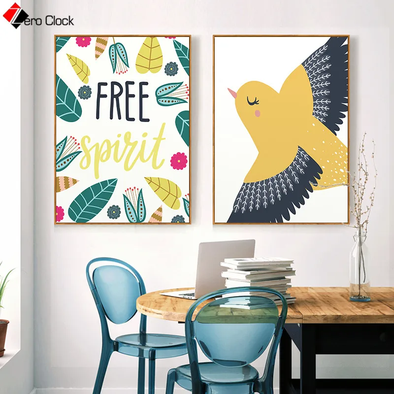 Yellow Bird Print Woodland Animal Canvas Painting Free Spirit Woodland Animal Canvas Painting