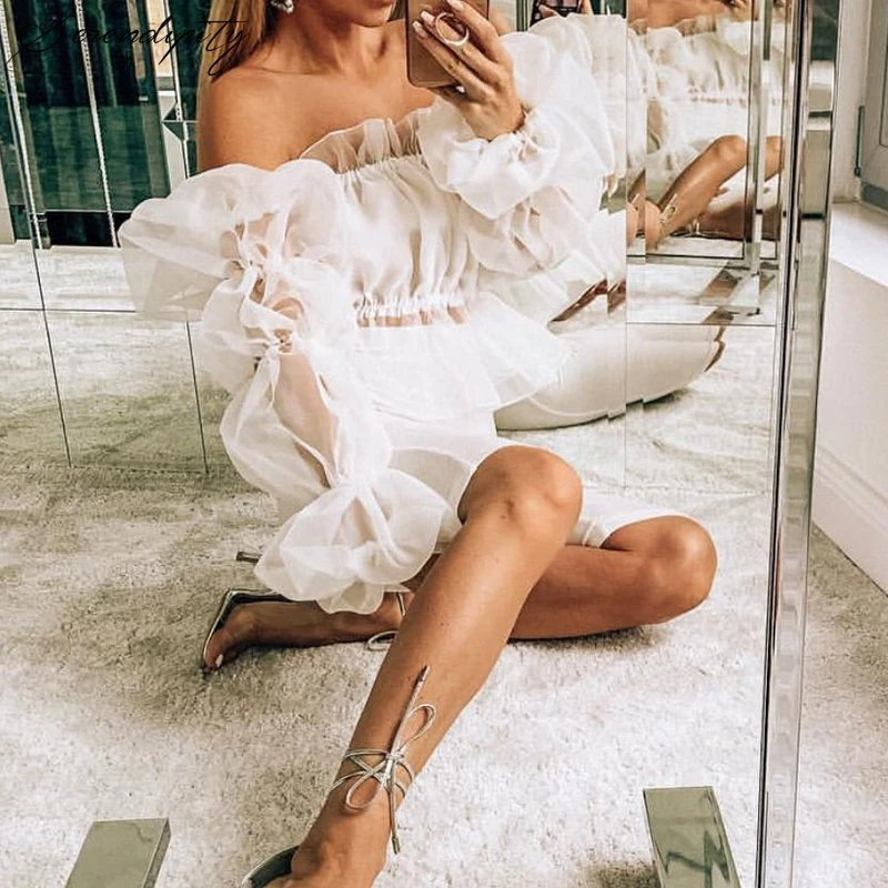 

Lantern Sleeve Sexy White Blouses Shirts Women Transparent Mesh Off Shoulder Tube Summer Blouse Ruffle Backless Top 2019