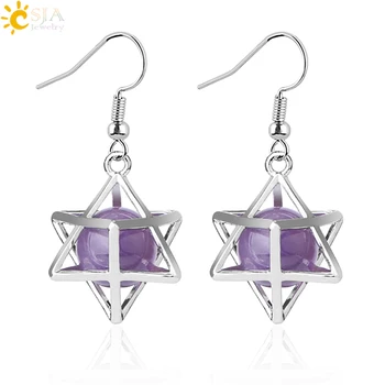 Natural Stone Hexagram Earrings Hollow Star Purple Crystal