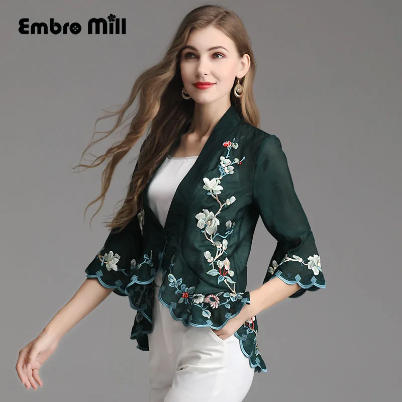 

Women tops spring/summer Chinese style embroidery vintage floral short coat suit collar 3/4 Bell sleeve lady Small top M-4XL