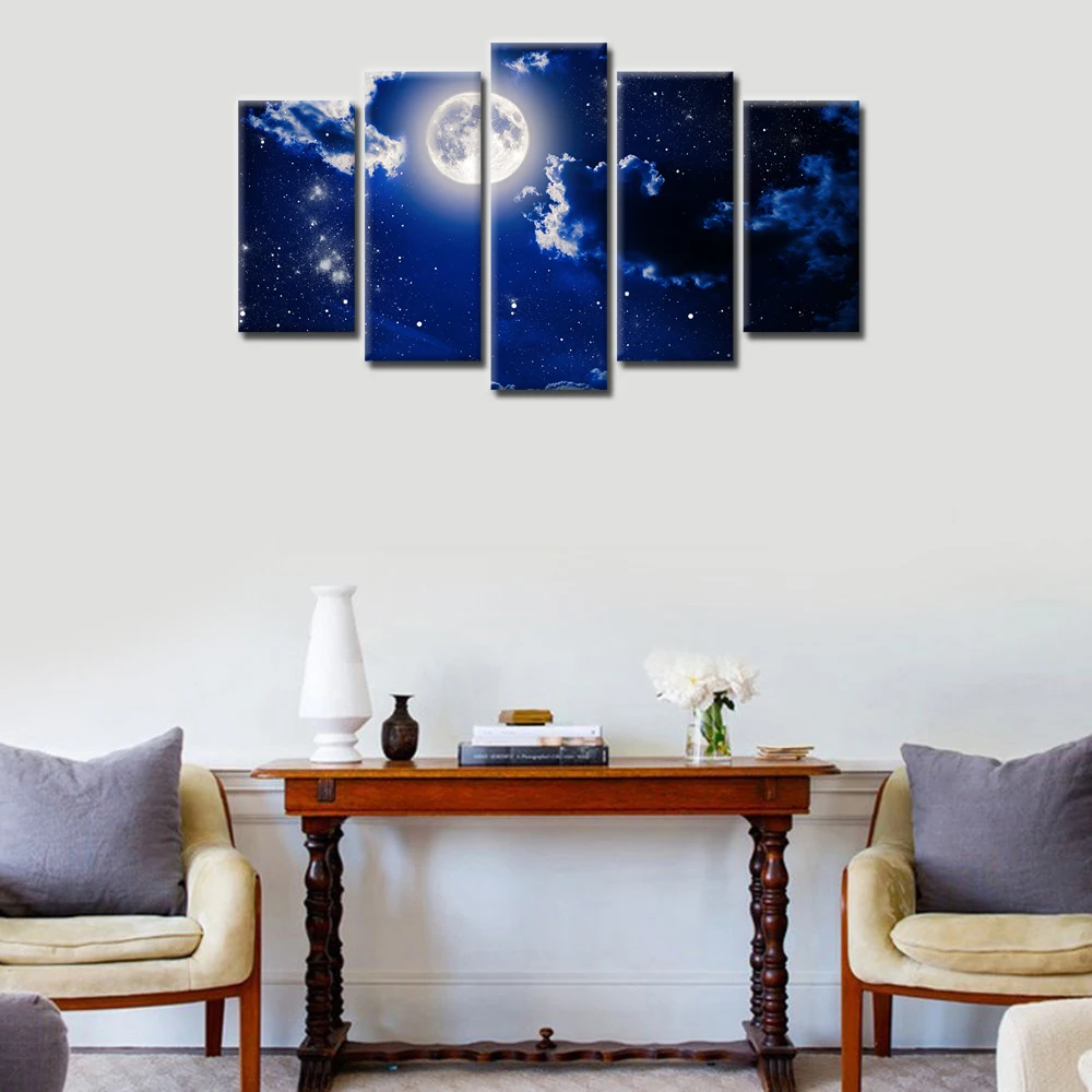 Bulan Purnama Pemandangan Hd Foto Seni 5 Pcs Kanvas Dinding
