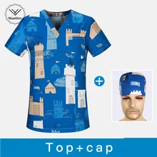 Хлопковая медицинская одежда топы хирургические ткани медицинские скрабы для ухода за зубами Униформа хирургический халат для женщин мужчин доктор шляпа+ маски