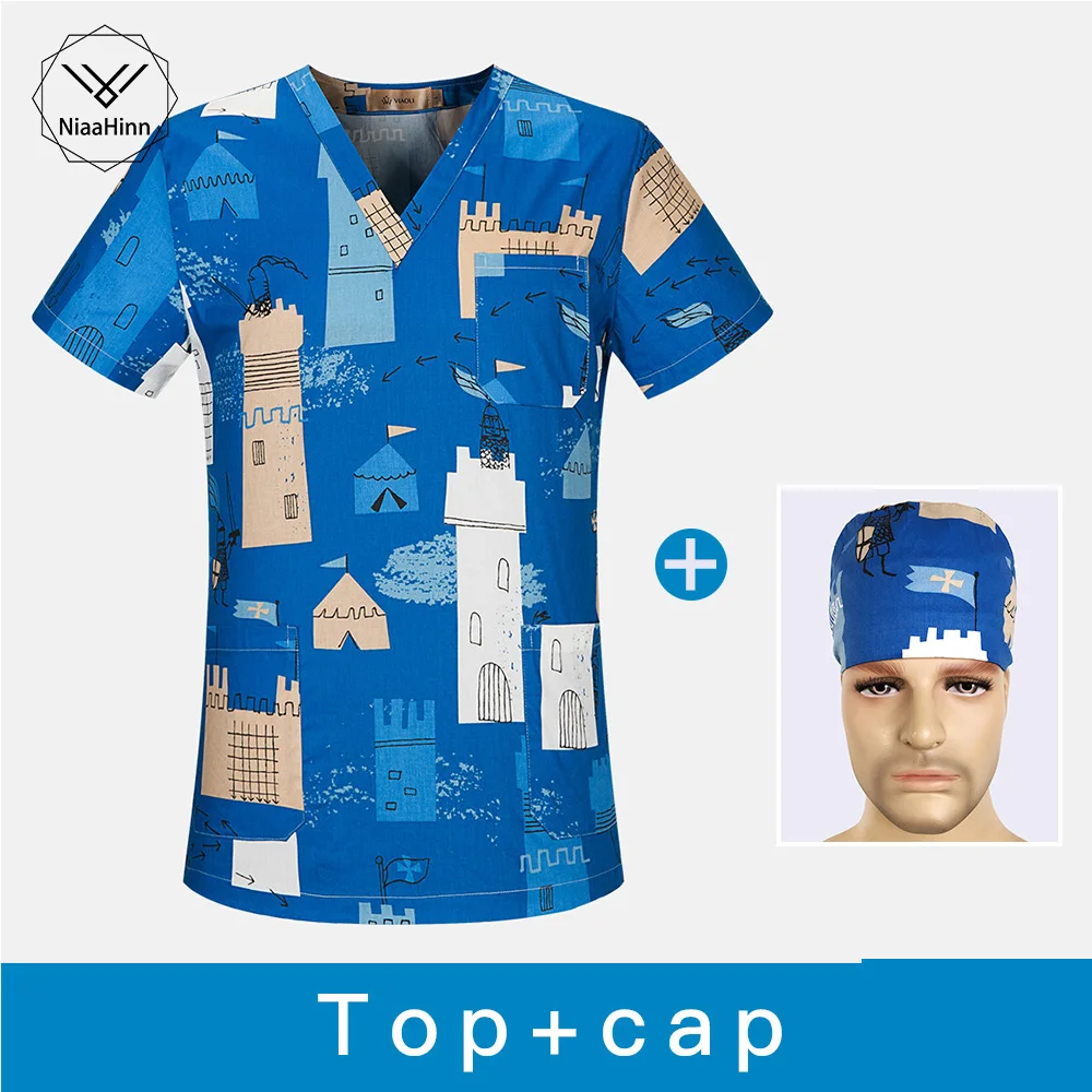 

Cotton Medical Clothing Tops Surgery cloths Medical Scrubs Dental Nursing Uniform Surgical Gown for Women Men doctor hat+masks