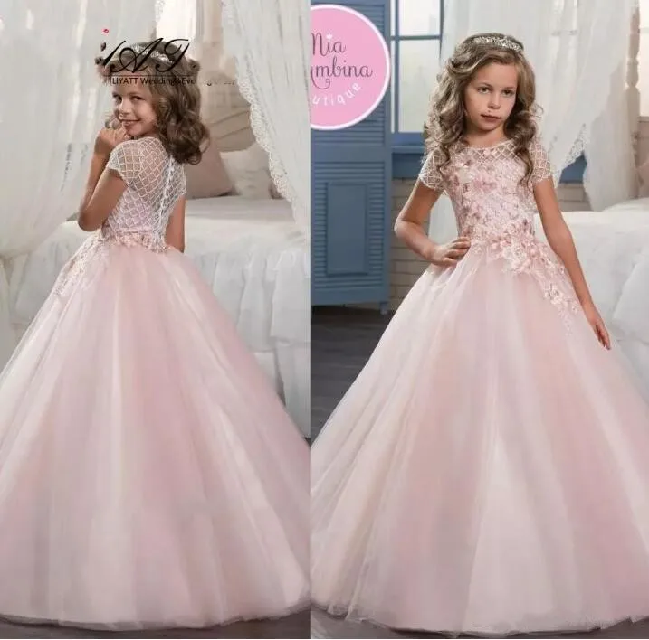 

Princess Pink Puffy Flower Girl Dresses 2018 New Tulle Sheer Neck Zipper Back First Communion Dresses Custom Made