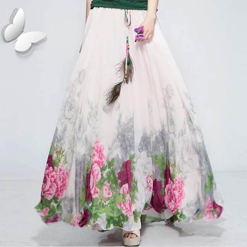 

Summer Hot New Fashion Elastic Waist Casual Chiffon Skirt Spring Bohemian Floral Print Beach Maxi Flower Long Skirt For Women