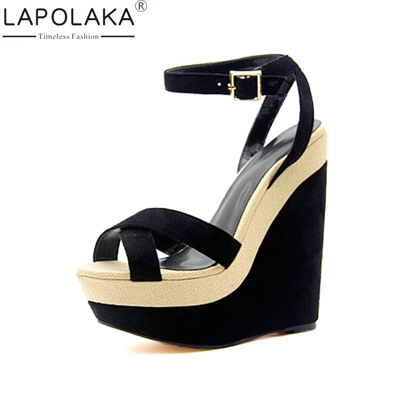 

LAPOLAKA New women's Wedges High Heels Ankle Strap Platform Shoes Woman Casual Party Summer Sandals Black Big Size 34-43