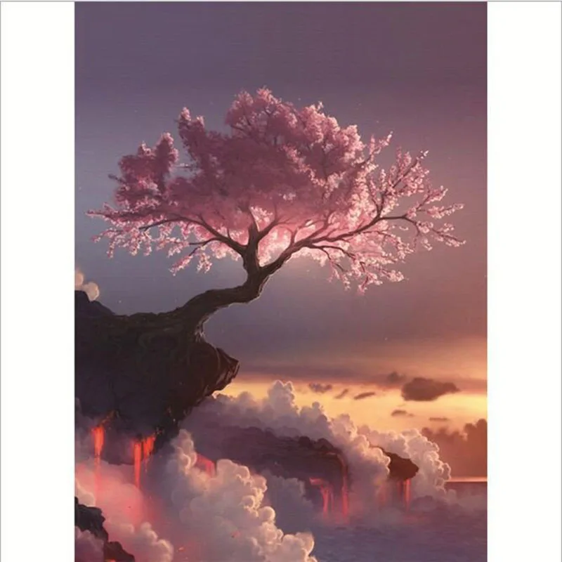 New 5D DIY Not Full Diamond Painting Round Drill Sakura tree on volcanic cliff Embroidery Cross Stitch gift Home Decor Gift (6)