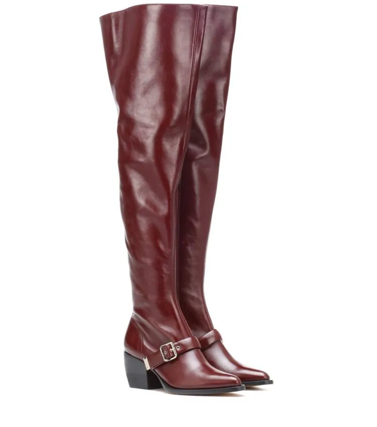 

2018 European American autumn winter model catwalk show over the knee boots belt buckle pointed toe chunky heel Thigh-high boots