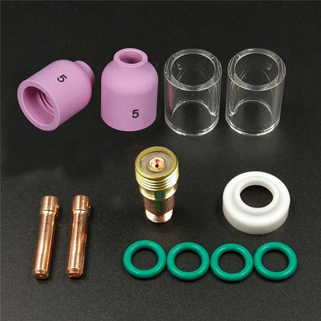 Kit Consumabili TIG Saldatura - 12 Pezzi Con Ugelli, Lenti Gas E Coppa Pyrex Per Torce WP 17/18/26
