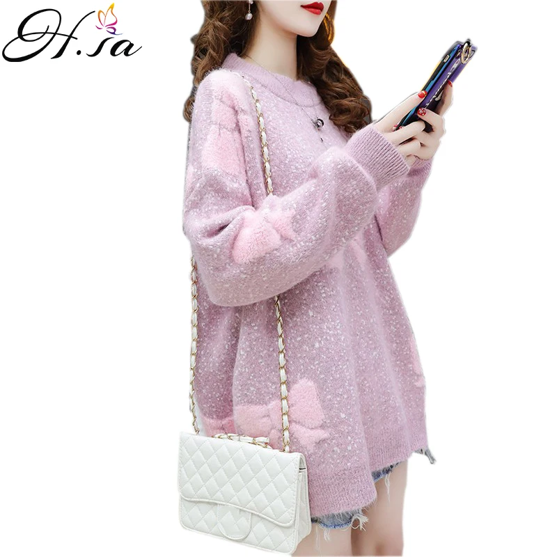 

H.SA Women Oversized Sweater and Pullovers 2019 O neck Bow Pull Jumpers Spring Korean Knit Sweaters Purple Pink Knitwear Pull
