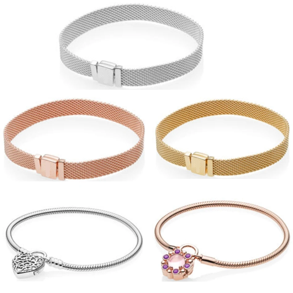 

Real 925 Sterling Silver Gold Rose Original Reflexions Pan Bracelet Gift Set For Women Bead Charm Bangle DIY Jewelry