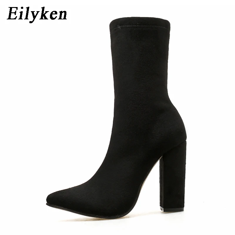 Eilyken/Новинка года; женские ботильоны из флока; сезон осень-зима; модные женские ботинки «Челси» на молнии с острым носком; большие размеры 35-42 - Цвет: Black