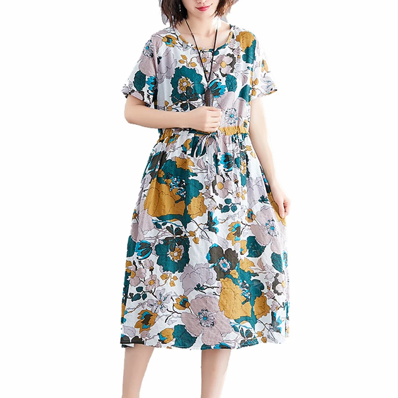 

Uego Fashion Print Flower Prairie Chic Dress Soft Cotton Linen Slim Waist Loose Summer Dress Women Holiday Beach Casual Dress