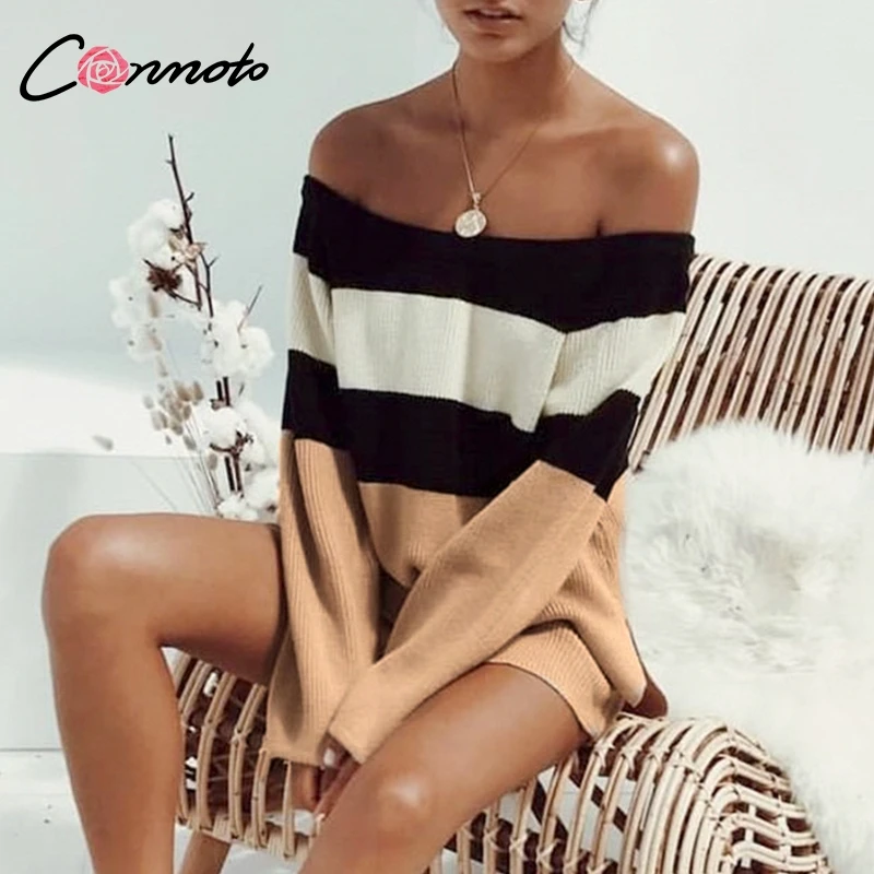 

Conmoto Casual Knitted Off Shoulder Sweater Winter 2019 Women Sweater Jumper Loose Sexy Stripe Patchwork Knitwear Female Sweater