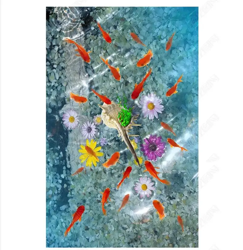 

custom photo wallpaper 3d flooring Waterproof self-adhesion mural Conch fish chrysanthemum crystal clear bottom 3D floor Sticker