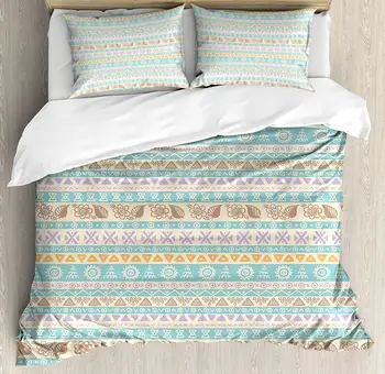 

Duvet Cover Set, Boho Aztec Culture Unusual Traditional Folk Fashion Mythological Retro Art Motif, 4 Piece Bedding Set