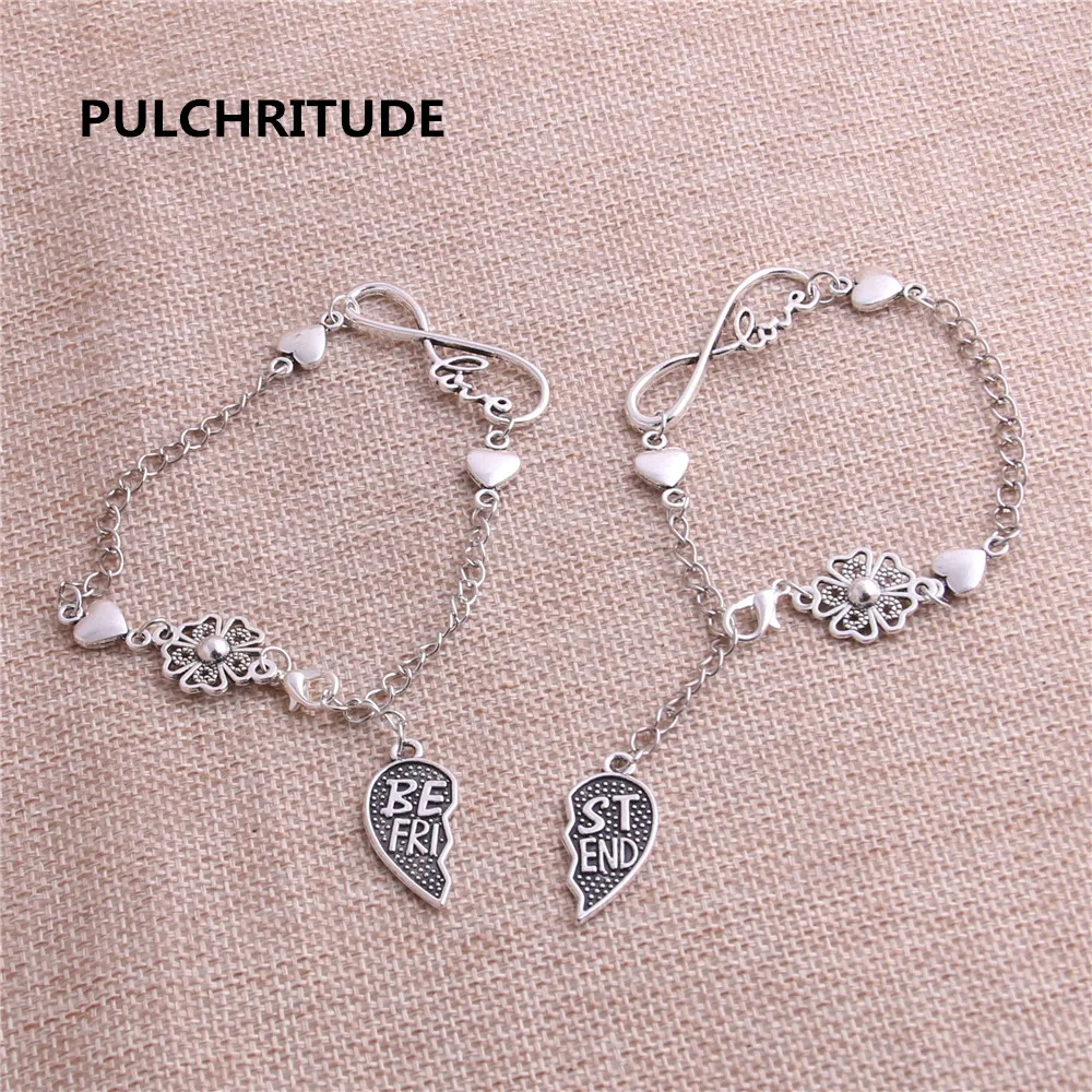 

PULCHRITUDE 1sets 22cm Alloy Antique Silver Chain Bracelet Best Friend Set Charms Love Set Pendant Heart Charm Fit Women Z0012
