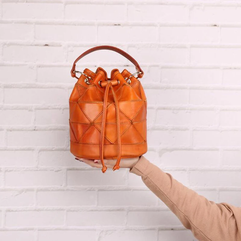 

Small Leather Bucket Bag Women Genuine Leather Shoulder Bag Female Bags For 2019 Vintage Splice Handbags Euro Functional Bags