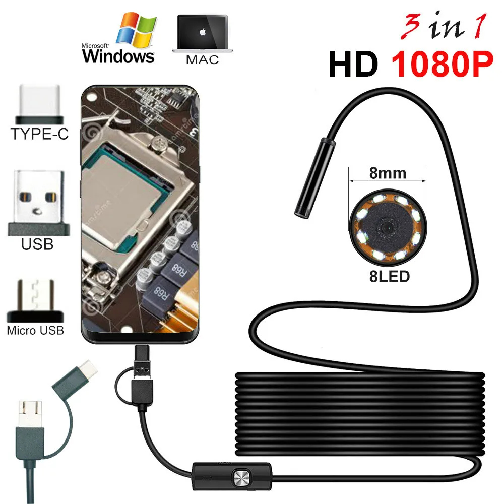 

Full HD 1080p Endoscope Camera MicroUsb Type-C Android Smartphone 2M 5M 10m Hard Flexible Wire 8mm Endoscopy Camera Inspection