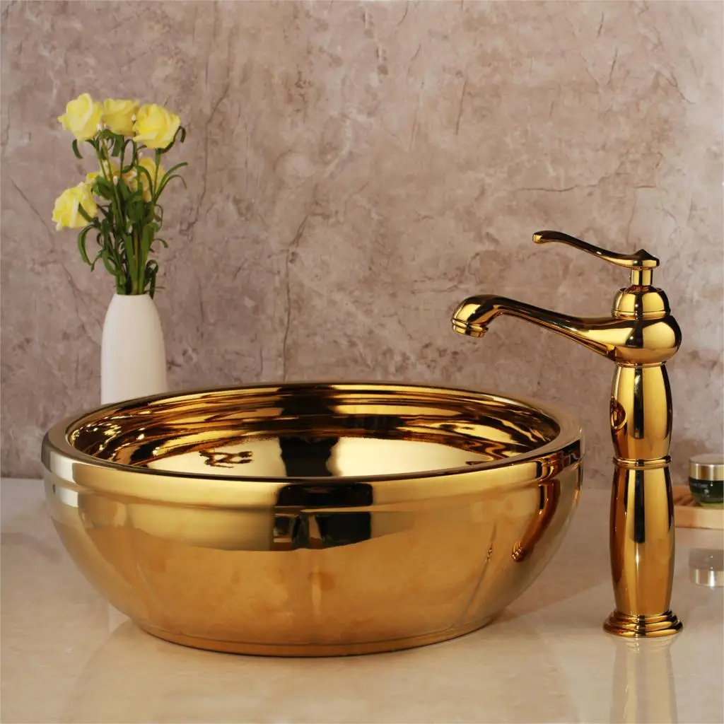 KEMAIDI Твердый латунный умывальник наборы смесителей Золотой роскошный керамический Санузел кран умывальник раковина для ванны комбинированный смеситель свободный слив - Цвет: Basin Set 04