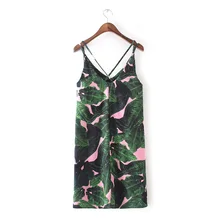 European Station Summer New Tropical Style Palm Leaf Print Beach Casual Dress Sleeveless Spaghetti Strap V-neck Vestido Curto