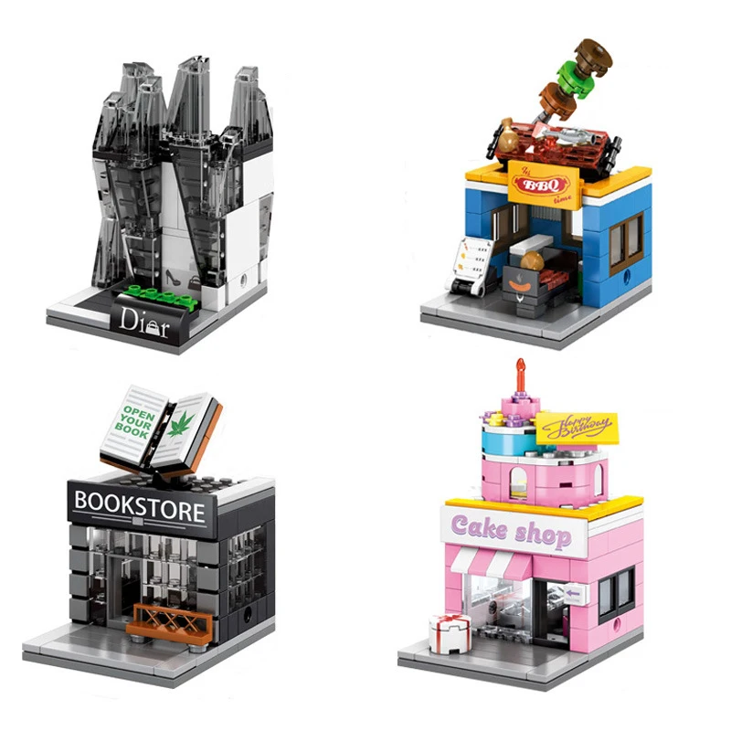 

4In1 Street View Mini Store DIY Building Blocks Cake Shop Bookstore Bricks Compatible Legoings City for Children Holiday Gifts