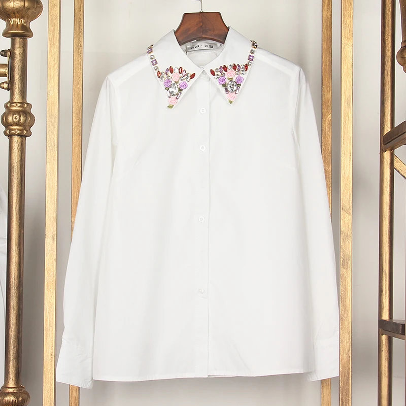 

Designer Luxury Shirts for Women Rhinestone Beading Flowers Turn-down Collar Long Sleeve White Blouse Tops