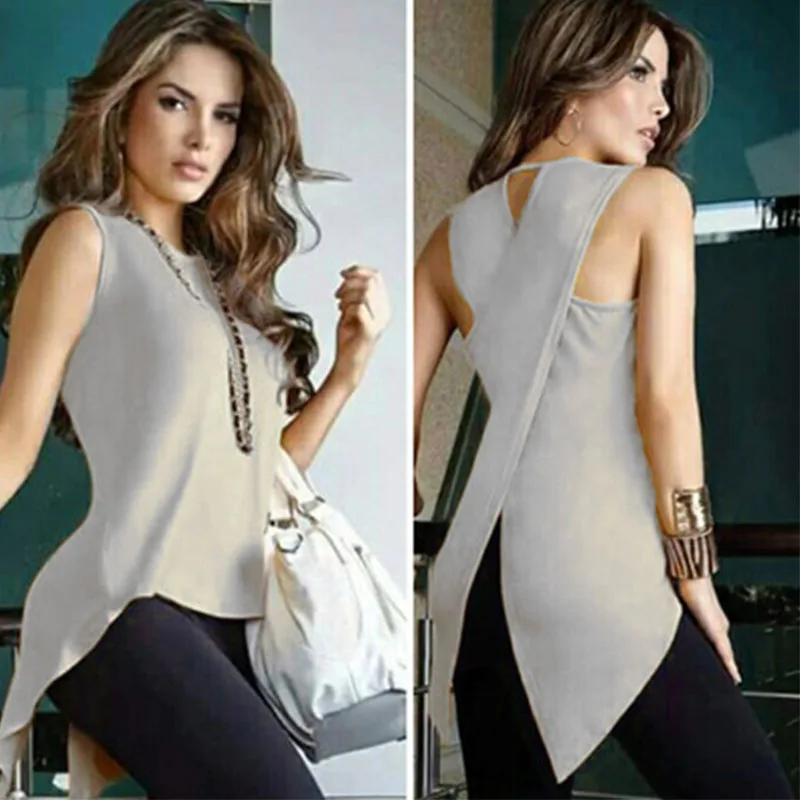 

2019 Summer T Shirt S-3XL Plus Sizes Women T-shirt Solid O-Neck Sleeveless Cross Hem Long tshirt Casual Slim Top female Tunic