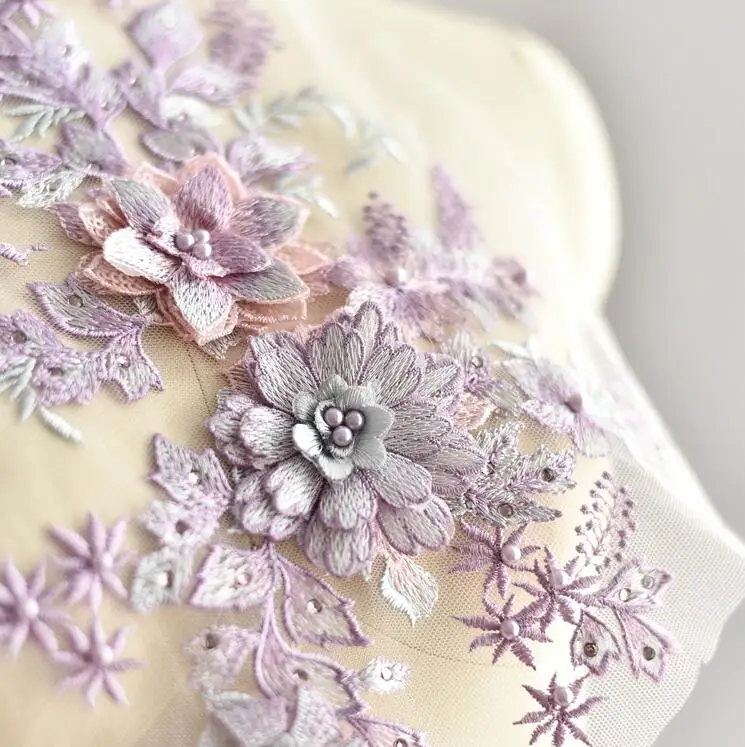 1 шт 40*25 см Розовый Фиолетовый Элегантный 3D цветок вышивка жемчуг бисером кружева аппликация с кружевной отделкой платье Ткань Материал DIY ремесло