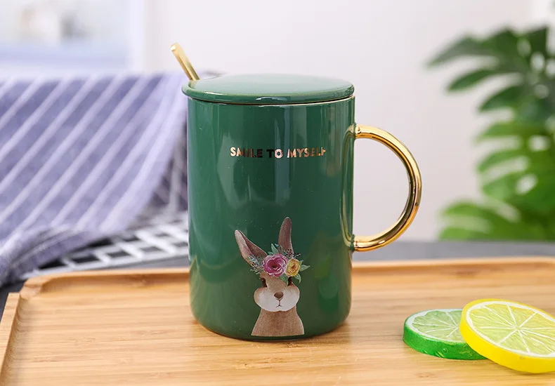 400 мл Милая кофейная кружка с изображениями животных, креативная керамическая кофейная чашка, офисные стаканчики с золотой ложкой, чашки с кроликом, лисой, оленем